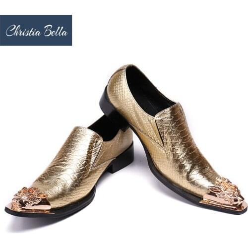 Christia Bella Italian Formal Men Dress Shoes Genuine Leather Pointed Toe Business Wedding Oxford Shoes Men Flats Gold Sliver