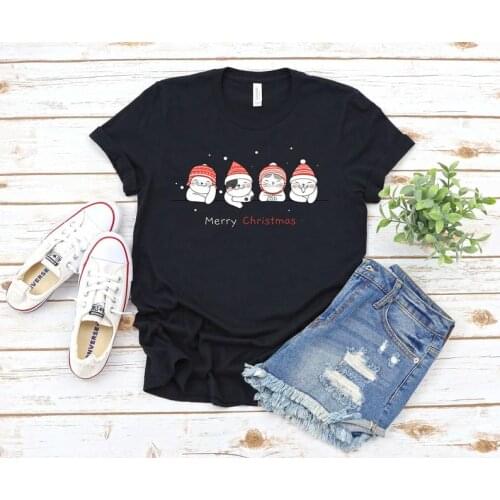 Merry Christmas Mom Cat Mama Shirt Women Cotton Kawaii Fashion Shirt Plus Size O Neck graphic Mama T-shirt Short Sleeve Top Tees