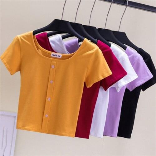 Cotton O Neck Button Female T Shirt Basic Korean Vintage Top Red High Waist Tees Top Casual Solid Color Tee Slim Women Tshirt