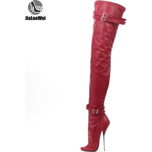 JIALUOWEI 7" Metal Heel Ballet style Corset Strap Thigh Boots Goth Fetish 36-46