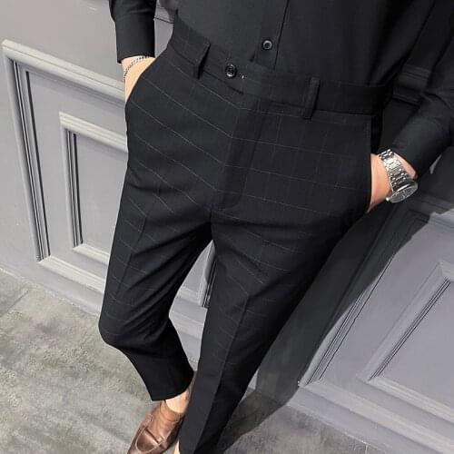 2021 Autumn Classic Lattice Business Dress Pants Men Fashion Slim Office Social Suit Pants Wedding Streetwear Casual Trousers