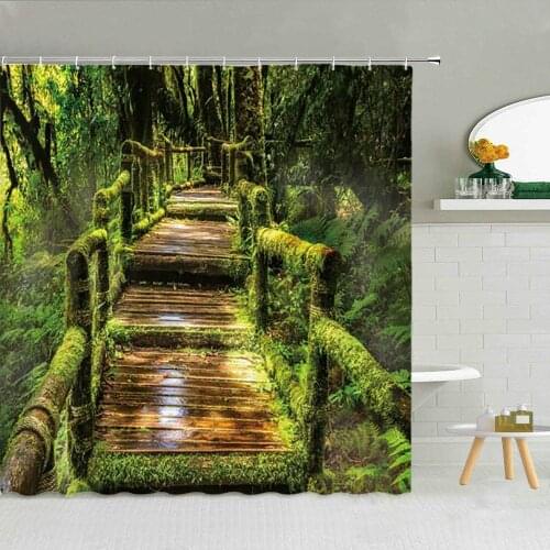 Forest Landscape Shower Curtain Wood Bridge Green Tree Spring Natural Scenery Bathroom Decor Bath Screen Waterproof Curtains Set
