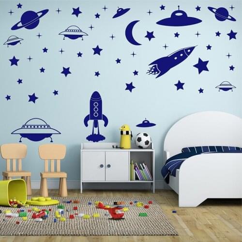 Cartoon Rocket Space Astronomy Star Wall Sticker Classroom Kids Room Modern Astronomy Rocket Space Wall Decal Vinyl Bedroom