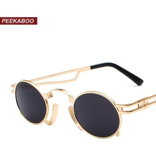 Peekaboo 2018 new small oval steampunk sunglasses men round metal frame gold black red mens sun glasses for women unisex uv400