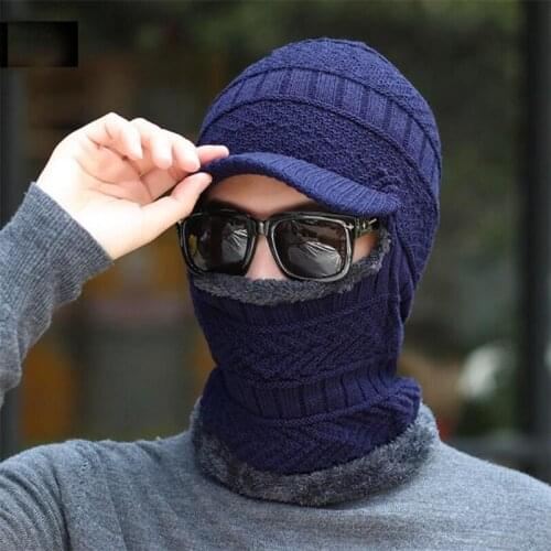 Men Winter Hat Scarf Set Women Warm Knitted Plush Hooded Hat Scarf With Brim Male Visor Beanies Adult Solid Cap Ring Scarves