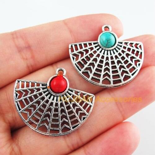 8Pcs Retro Tibetan Silver Tone Sector Fan Blue&Red Stone Charms Pendants 26x30mm