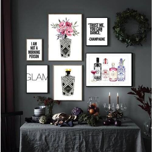 Flower Gin Wine Poster Black White Champagne Glam Quote Kitchen Print Canvas Painting Modern Wall Art Pictures Dining Room Decor