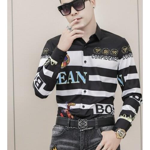 Luxury Rhinestone Shirts Men Striped Business Dress Casual Shirt Long Sleeve Slim Fit Social Party Men Clothing Chemise Homme