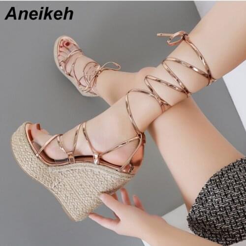 Aneikeh Shoe Size 41 42 Fashion PVC Sandal Women Transparent Sandals Ankle Strap Lace-Up Wedges High Heels Solid Party Shoes