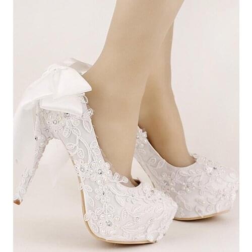 Handmade Elegant High Heel Platform Shoes with Stiletto Formal Shoes Satin Women Shoes Sweet White Ribbon Bows Bridal Shoes