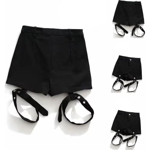 Women Gothic Punk Rock High Waist Black Shorts with Detachable Garter Belt Leg Ring Harajuku Slim Fitting Hot Pants