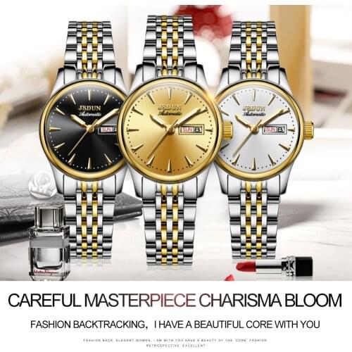 JSDUN Fashion womens mechanical watch luxury 18K gold waterproof watch best gift ladies automatic watch sapphire glass parnis