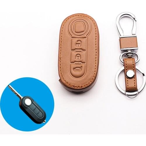 1 pcs New Genuine Leather Key Case Cover For Fiat 500 3 Buttons Flip Remote Key Blank Fob remote Car Auto Parts Accessories