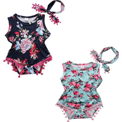 2Colors! Summer Children Girl Clothes Set Flower Ball Tassel Romper Baby Girl floral Headband 2pcs Infant Girl Jumpsuit Outfits