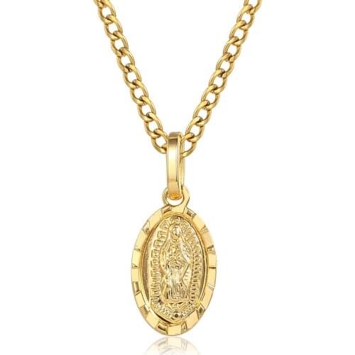 2mm Gold Color Pendant Necklace for Men Women Virgin Mary Pendant Charm Curb Link Chain Extension Fashion Jewelry Gifts DGP430