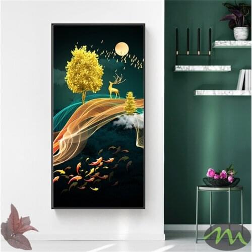 Abstract Golden Canvas Deer Painting Tableaux Larger Poster and Print for Living Room Nordic Big Wall Art Decor with Hanger 6-18