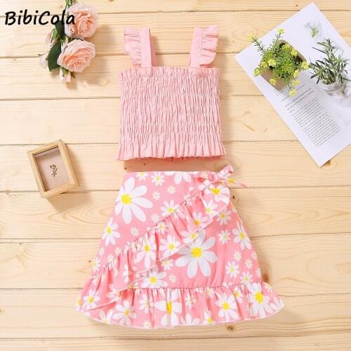 BibiCola Kids Clothes Summer Girls Children Baby Girls Sling Tube Top TShirt + Short Skirt Outfits Set Casual Clothing For Girls