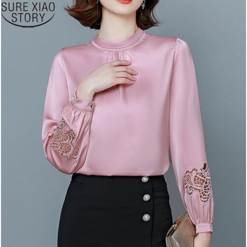 Elegant Hollow Blouse Women Autumn 2021 Office Lady Satin Blouse Solid Pullover Shirt Women Lantern Long Sleeve Women Tops 11088