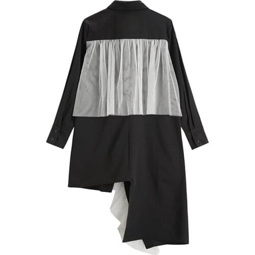 Womens spring autumn long sleeve net yarn patchwork chic irregular mid length shirt female vintage loose blouse top TB4046