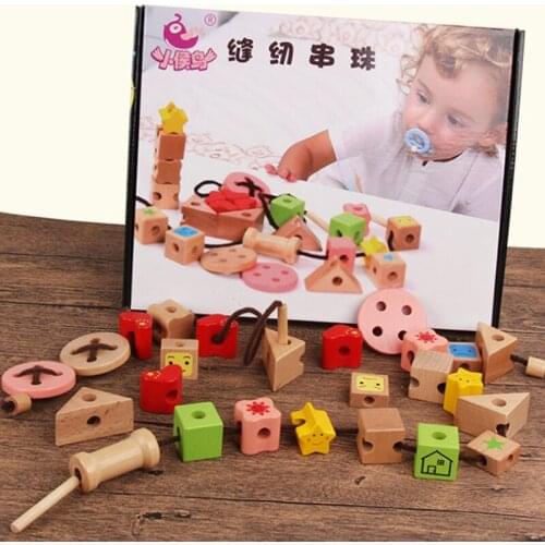 Wooden Rope Toy Childrens Wooden Sewing Beaded Intelligence Threading Creative DIY Button Design Toy