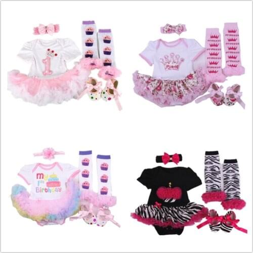 Birthday Baby Dress Bodysuit Leggings Shoe Hairband 4-Pieces Clothes Sets Lace Girl Dresses Ball Gown Jumpsuit Floral Zebra 0-2Y