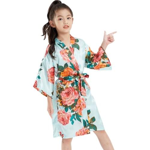 Kids Bridesmaid Silky Satin Peony Kimono Light Blue Robe Sleepwear for Wedding Party Getting Ready Short