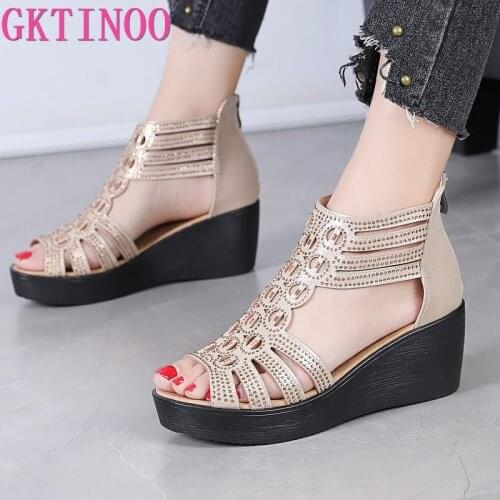 GKTINOO 2021 Rhinestone Women Sandals Platform Wedges High heels Sandals Fashion Hollow Out Open toe Summer Women Shoes