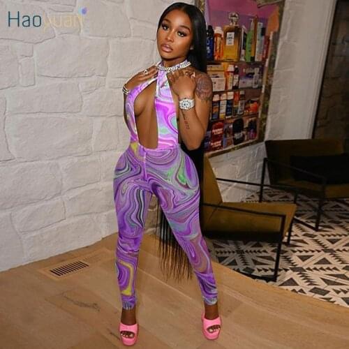 HAOYUAN Print Cut Out Bodycon Jumpsuit Off Shoulder Beachwear Outfits for Women Sexy Summer Clothes Backless Night Club Rompers