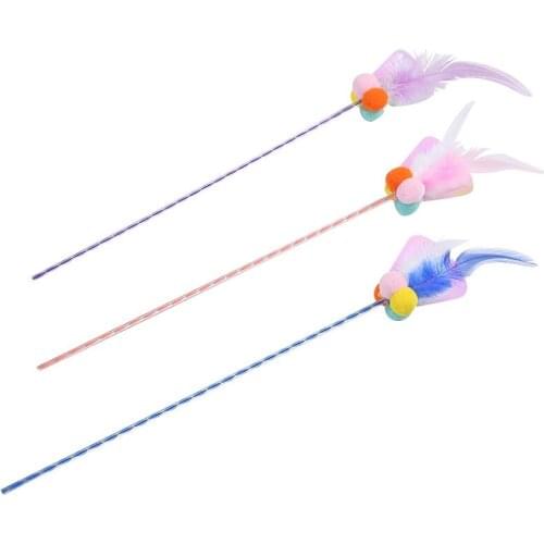 Cat Toys Pet Product Cat Wand Pom Pom Feather Funny Interactive Cat Wand Teaser Wand Toys for Cats Kitten Cat Supplies