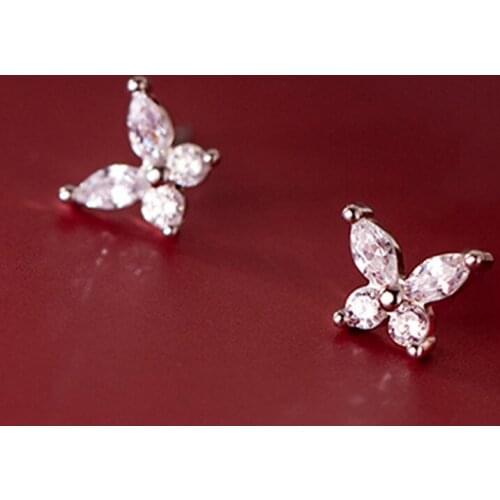 Exquisite CZ Zircon Butterfly Stud Earrings Real 925 Sterling Silver CZ Insect Jewelry Wedding Party Gift