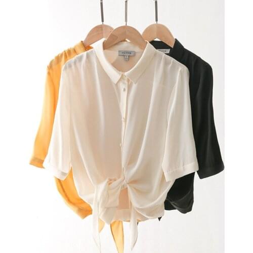 Summer Ladies Silk Short-sleeved Shirt Pure Color French Elegant Blouse Beach Wind Commuter Wind Casual Style All-matchShirt