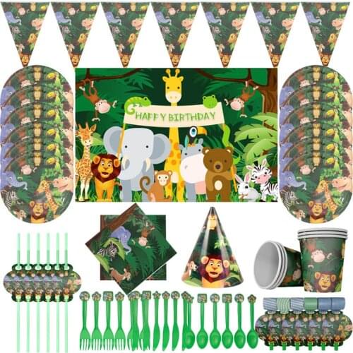 Cartoon Jungle Animal Disposable Party Tableware Sets Kids Birthday Safari Party Decor Baby Shower Forest Theme Party Supplies