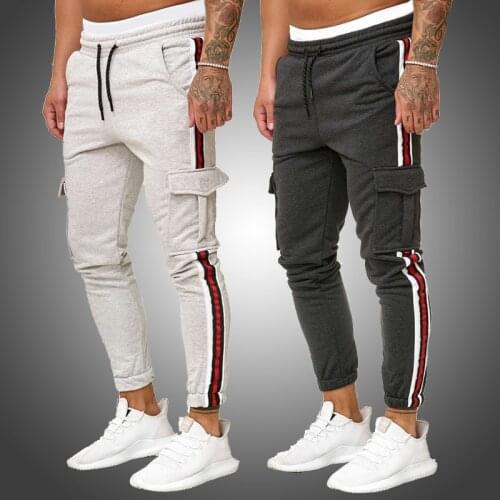 Mens Cargo Joggers Flap Pockets Sweatpants Men Side Stripe Joggers Male Track Pants Skinny Drawstring Grey Trousers Sportswear