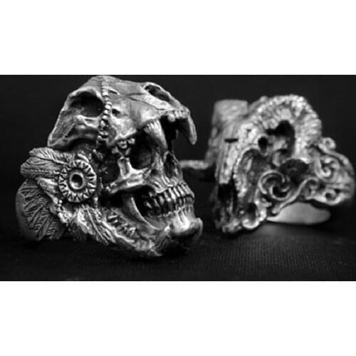 Gothic Demon Satan Goat Skull Ring and Dinosaur Devouring Skull Ring Punk Mens 302L Stainless Steel Biker Jewelry