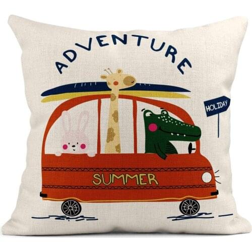 Throw Pillow Covers Summer Bunny Giraffe and Alligator on Bus Bear Cute Adventure Animal Baby Linen Cushion Cases Home