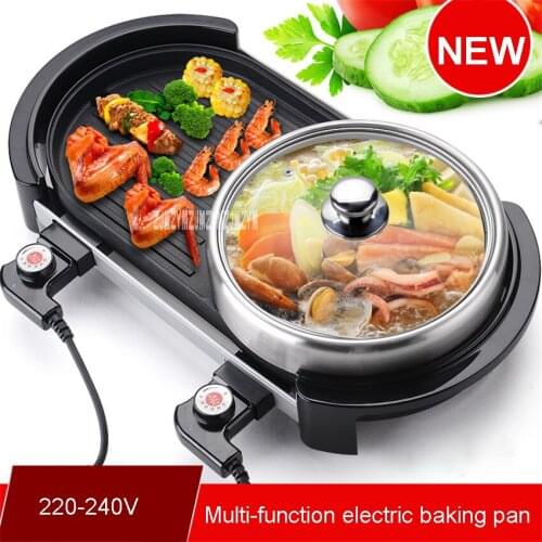 New Multi-function Electric Smokeless Indoor BBQ Grill Barbecue Plate+Chafing Dish Hot Pot for 3-5 Persons 220-240V 2000W 50HZ