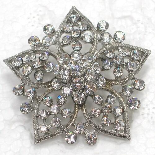 Rhodium plated White Rhinestone Flower Pin brooches C2068 A