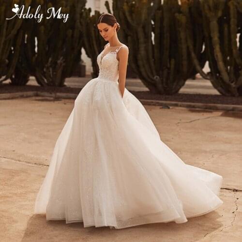 Adoly Mey Romantic Scoop Neck Illusion Back A-Line Wedding Dress 2020 Luxury Beading Appliques Sparkly Tulle Vintage Bridal Gown