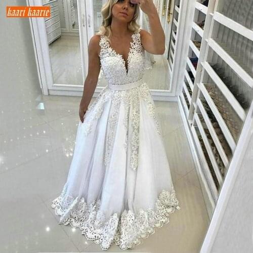 Luxurious White Deep V Neck Wedding Dresses Floor Length Tulle Appliques Backless Bride Dresses A Line Sleeveless Wedding Gowns