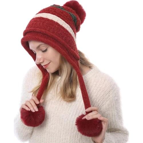 Womens Soft Warm Chenille Stripe Earflap Beanie Female Autumn Winter Knit Pom Poms Thermal Hats