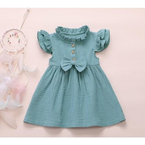 #VW Toddler Kids Baby Girls Dress Bow Solid Linen Ruffled Sleeveless Dresses Princess Casual Dress Clothes платья летние лёгкие