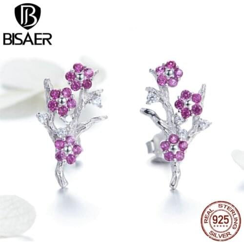 BISAER Flower Collection 925 Sterling Silver Wintersweet Flower Red Zircon Stud Earrings Women Sterling Silver Jewelry EFE040