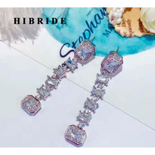 HIBRIDE New Luxury Long Crystal White Gold CZ Drop Earrings For Women Luxury Party Accessories Brincos Jewelry Patry Gifts E-943
