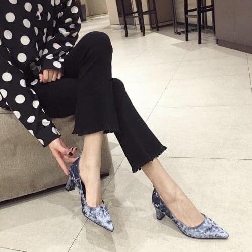 2018 Ladies Suede Ribbon Thick With Versatile High Heels Velvet Pointed Womens Shoes Shallow Mouth