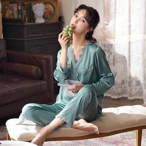 2021 New 2PCS Satin Sleep Suit for Women Long Sleeve Shirt&Pant Nightwear Sexy V-Neck Sleepwear Spring Autumn Casual Homewear