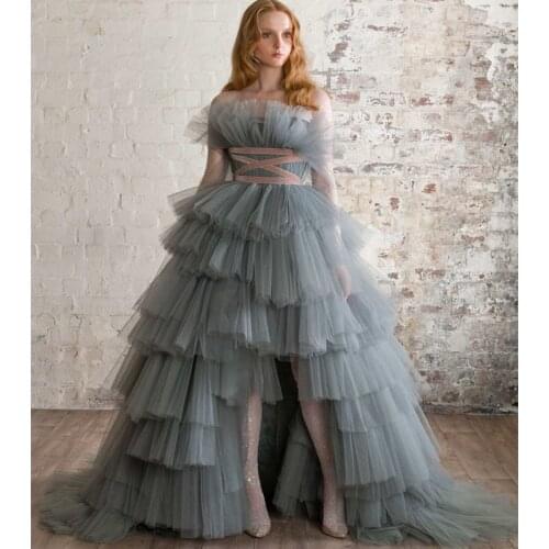 New High Low Evening Dress Long Sleeve A Line Jewel Neck Tiered Skirts Prom Dresses Vestidos Customize Formal Celebrity Gowns