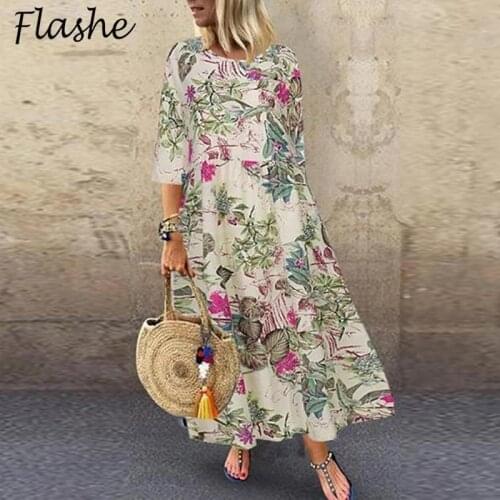2021 Maxi Dress Women Summer Beach Flower Printed Dresses For Women Elegant Dress 2021 O Neck Casual Vintage Vestido Dress Women