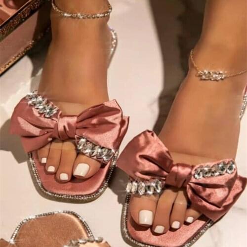 2021 Women Crystal Bow Slippers Female Soft Silk Summer Shoes Ladies Square Toe Casual Slides Women Comfortable Flat Plus Size