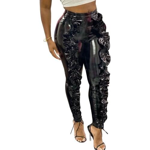 Black Faux PU Leather Pants Women Trousers Push Up High Waist Skinny Pencil Pants Sexy Ruffles Club Party Pants Female Gothic