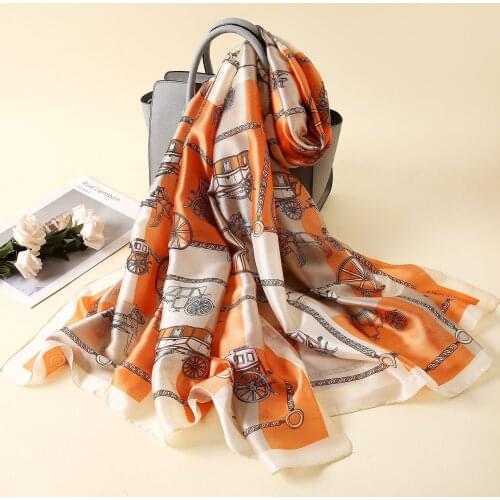 Long Silk Beach Scarf Shawls Carriage Wheel Chain Summer Spring Wraps Satin Femme Ladies Fashion Scarves